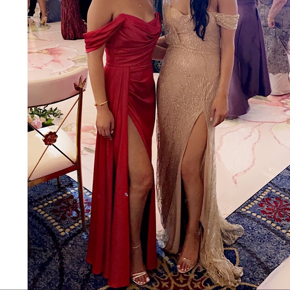 ALFABETA OFF SHOULDER THIGH SLIT RED DRESS - Picture 5 of 5
